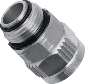 Złącze obrotowe 1"–3/4" PIUSI do dystrybutora paliwa, montowane między wężem a pistoletem nalewczym w celu zapewnienia swobodnego obrotu.